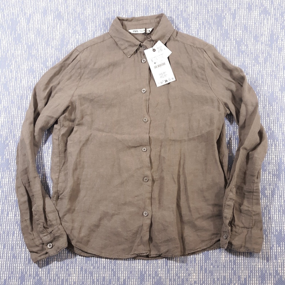 ZARA Linen Shirt Womens Small Gray Long Sleeve Button Up NEW